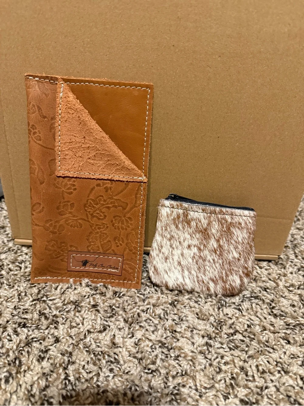 Embossed Brown Leather Travel Wallet with Hair-On-Hide Coin Pouch